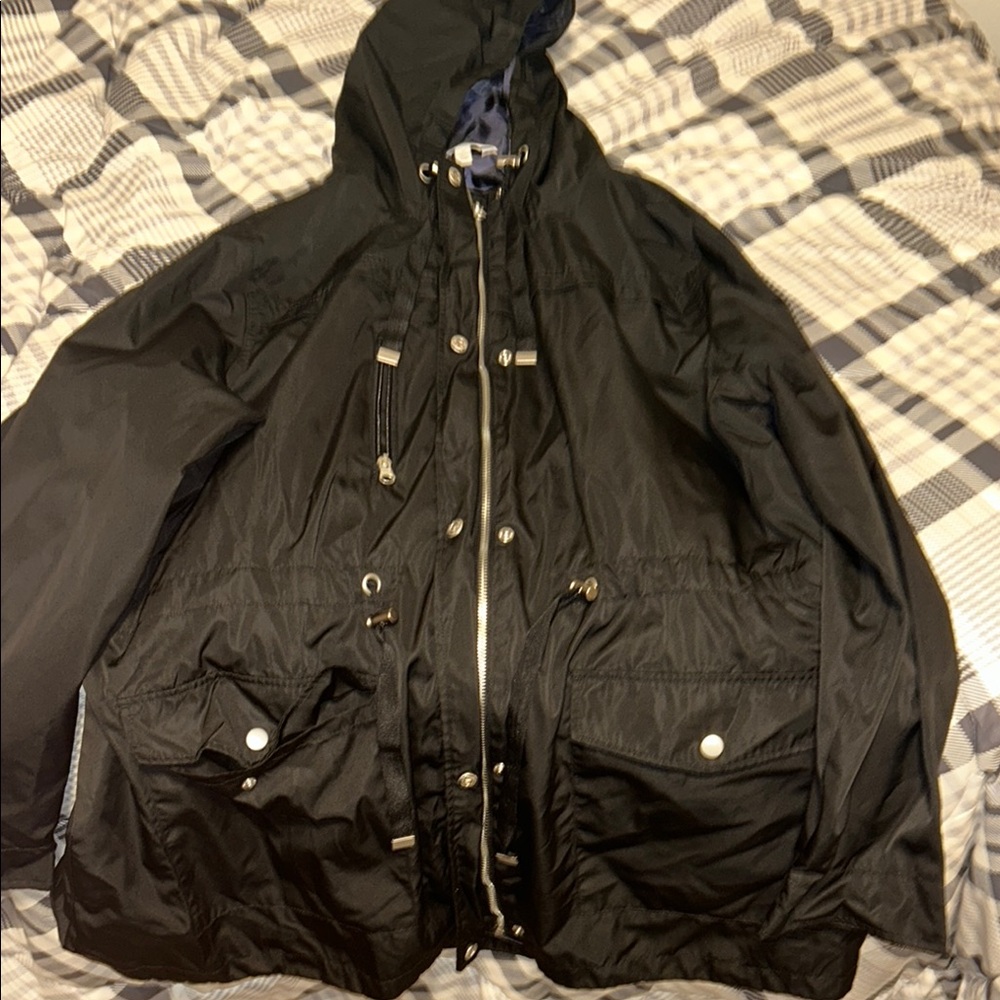 Time and Tru Black Raincoat with Hood and Water-Resistant Fabric